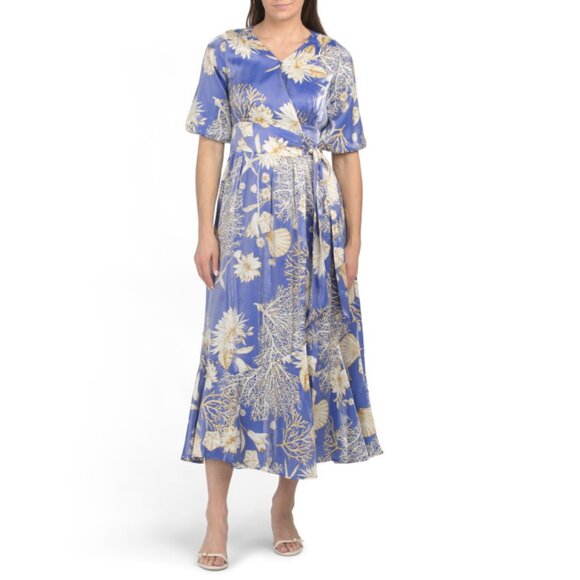 CIEBON Blue Multi Ariella Printed Puff Sleeve Wrap Maxi Dress